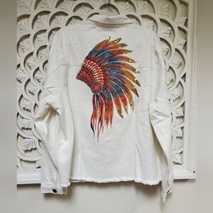 Savanna Jane Indian Headress White Distressed Denim Jacket Size 1X